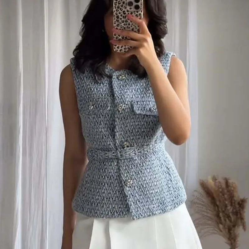 Women Sequin Vests With Belt O-neck Sleeveless Tops Solid Color Chic Coats Summer Female Button Waistcoat Elegant Streetwear