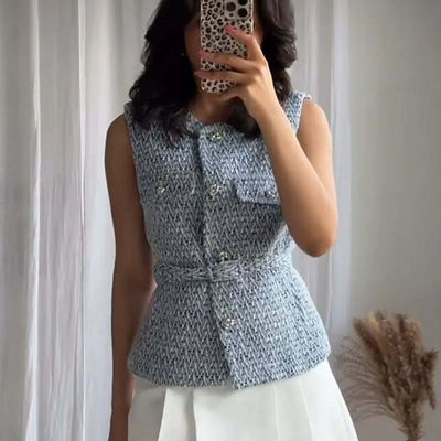 Women Sequin Vests With Belt O-neck Sleeveless Tops Solid Color Chic Coats Summer Female Button Waistcoat Elegant Streetwear