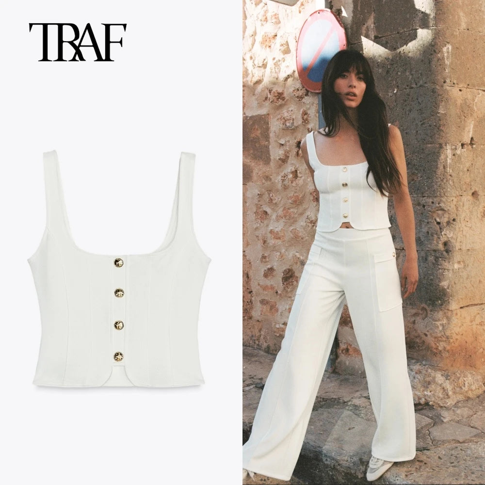 TRAF 2025 Women Fashion Short Skirt Hem Elastic Vest Top Casual Slim Sleeveless O Neck Halter Camis