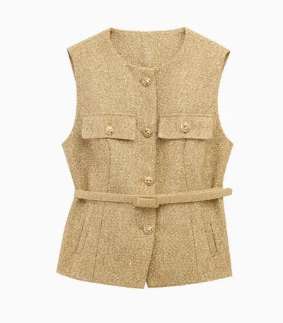Women Sequin Vests With Belt O-neck Sleeveless Tops Solid Color Chic Coats Summer Female Button Waistcoat Elegant Streetwear