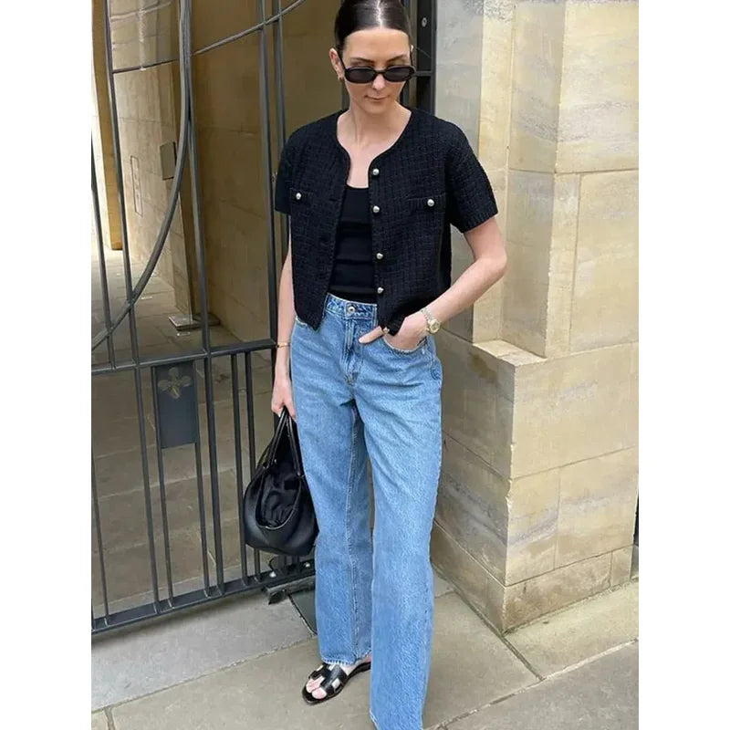 Elegant Gebreid Tweed Vest Vrouwen Solid Single Breasted O-hals Korte Mouw Trui Vest 2024 Herfst Nieuwe Dame All-Match tops