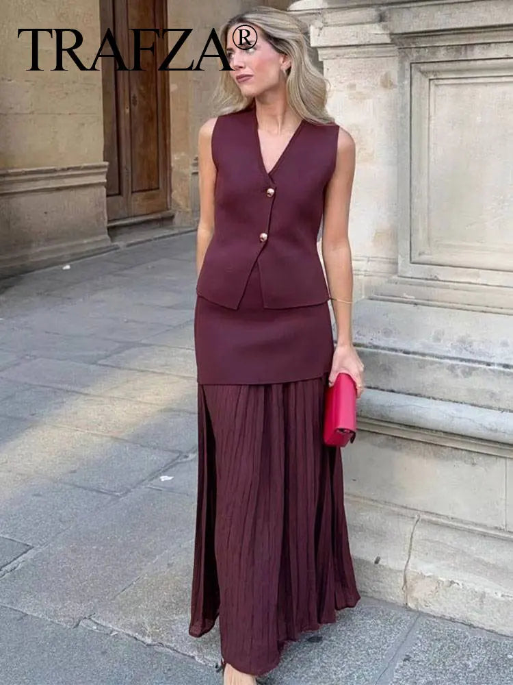 TRAFZA 2025 Women Skirt Set Wine Red Knitted V-Neck Sleeveless Slim Vest +Solid High Waist Zipper Patchwork Long Skirt Street