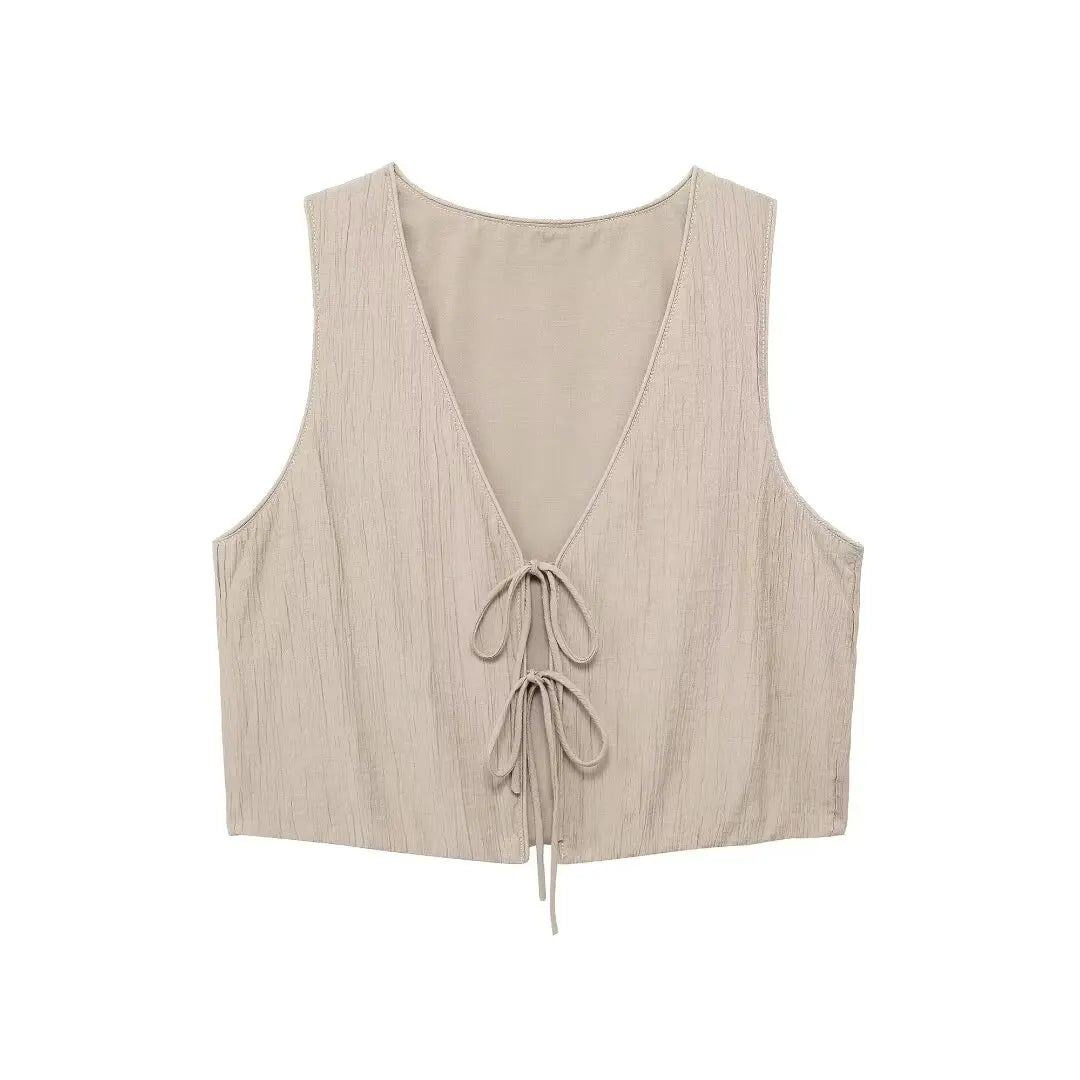 TRAFZA Damesstraatvest 2-delige set Chique V-hals Mouwloos Vetersluiting Getextureerd vest + Casual rokpak met hoge taille en trekkoord