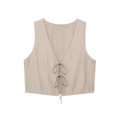 TRAFZA Damesstraatvest 2-delige set Chique V-hals Mouwloos Vetersluiting Getextureerd vest + Casual rokpak met hoge taille en trekkoord