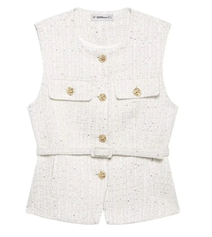 Women Sequin Vests With Belt O-neck Sleeveless Tops Solid Color Chic Coats Summer Female Button Waistcoat Elegant Streetwear