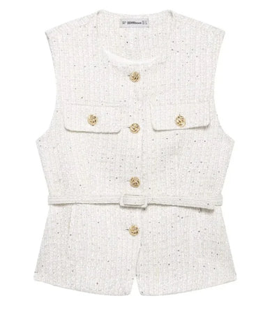 Women Sequin Vests With Belt O-neck Sleeveless Tops Solid Color Chic Coats Summer Female Button Waistcoat Elegant Streetwear