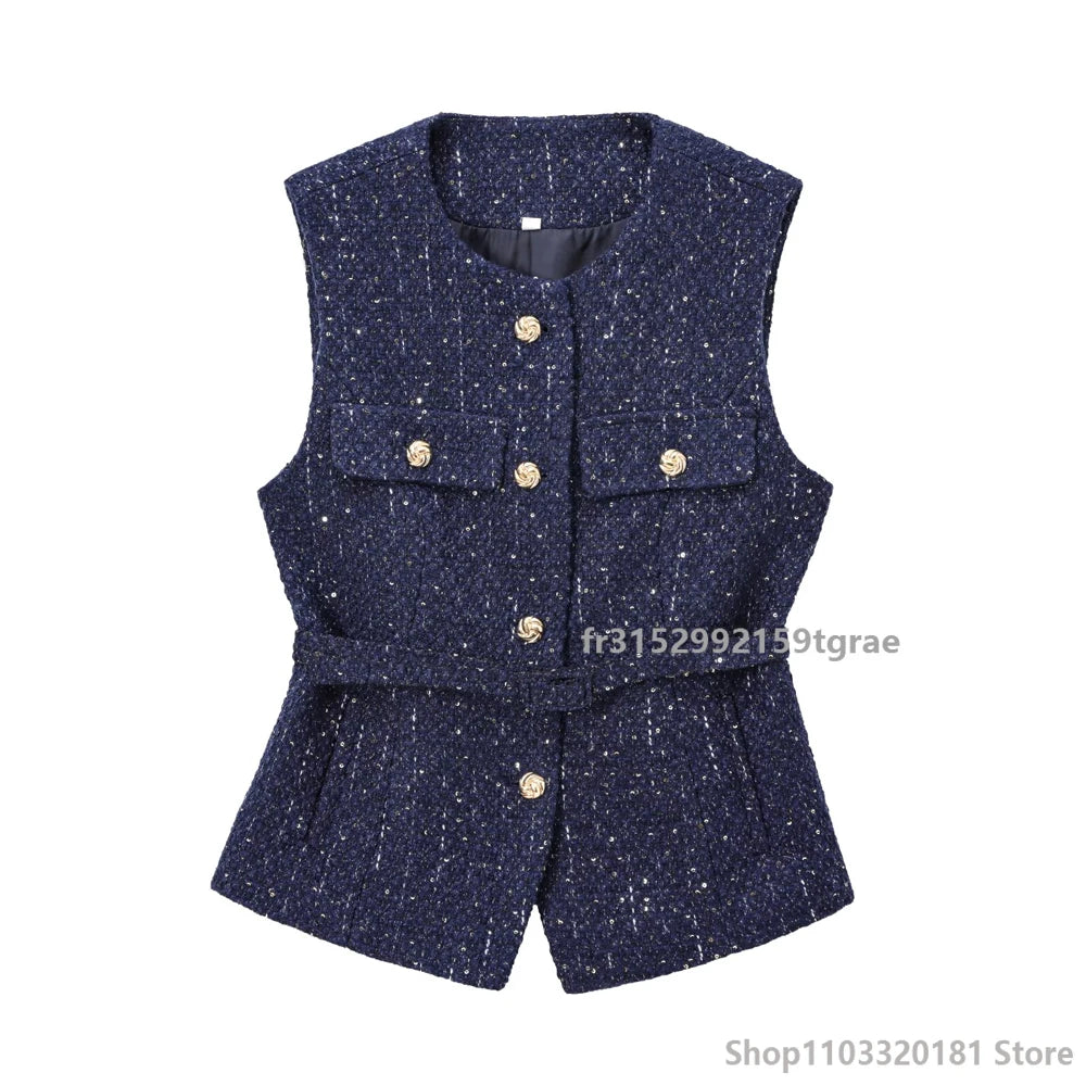 Women's Tweed Waistcoat with Belt, O Neck, Sleeveless, Front Button, Female Outerwear, Chic Tops, Fashion