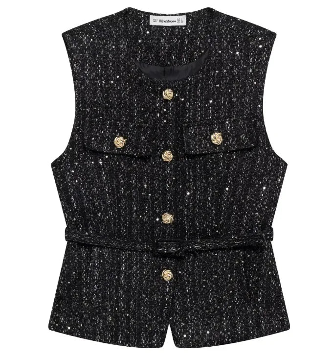 Women Sequin Vests With Belt O-neck Sleeveless Tops Solid Color Chic Coats Summer Female Button Waistcoat Elegant Streetwear
