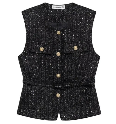 Women Sequin Vests With Belt O-neck Sleeveless Tops Solid Color Chic Coats Summer Female Button Waistcoat Elegant Streetwear