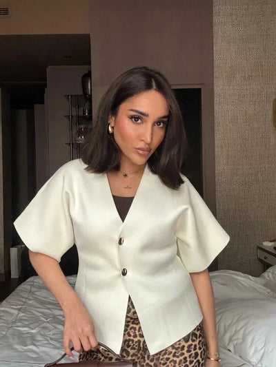 Dames Elegante V-Hals Single Breasted Gebreid Vest Dames Trui Korte Mouw Losse Cropped Vest Herfst Bovenkleding Dames