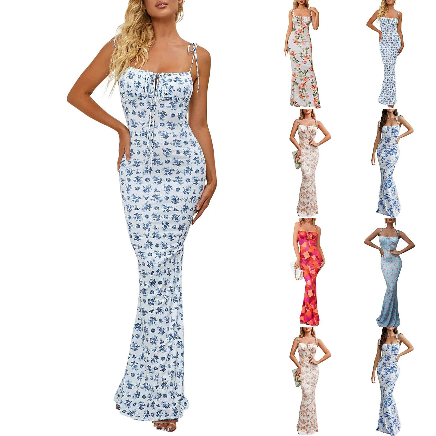 Nieuwe Zomer Vrouw Blauwe Bloemenjurk Sexy Rugloze Mouwloze Bandage Ruches Maxi Jurken Voor Vrouwen Feest Chique Dame Kleding