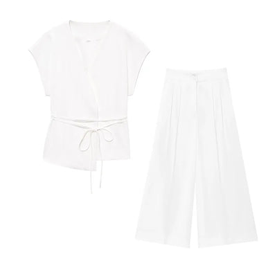 TFMLN Fashion Women's Trouser Suits Sleeveless V-Neck Top With Belt Straight Pants Sets 2025 Spring Summer Commuter 2 Piece Set