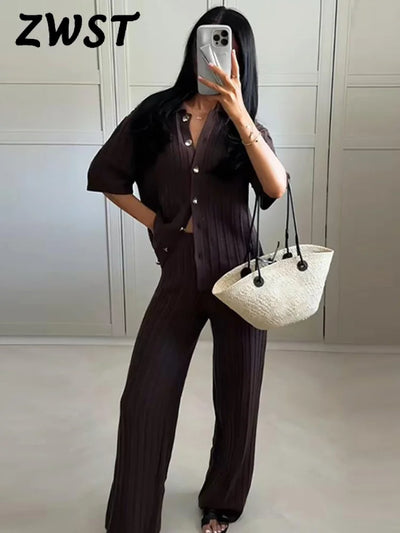 Vintage Knitted Loose Pants Set Women Brown Half Sleeve Lapel Single Breasted Cardigan Straight Trousers 2025 Fashion Solid Suit