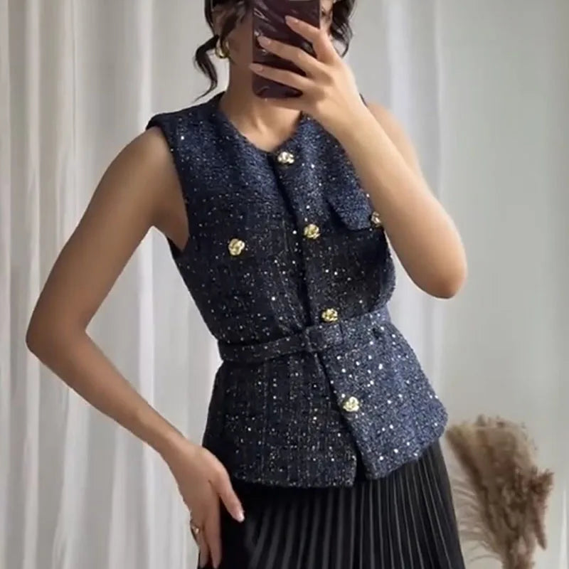 Women Sequin Vests With Belt O-neck Sleeveless Tops Solid Color Chic Coats Summer Female Button Waistcoat Elegant Streetwear