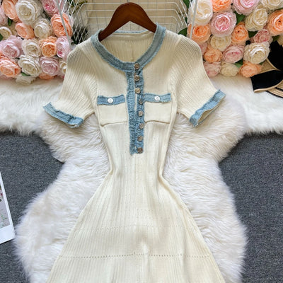 YuooMuoo Women Dress 2025 Spring Summer Denim O-neck Knitted Maxi Dress Elegant Office Lady Sweater Dress Brand Party Vestidos