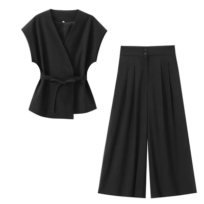 TFMLN Fashion Women's Trouser Suits Sleeveless V-Neck Top With Belt Straight Pants Sets 2025 Spring Summer Commuter 2 Piece Set