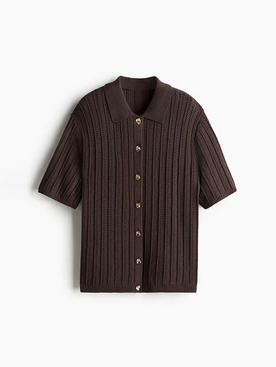 Vintage Knitted Loose Pants Set Women Brown Half Sleeve Lapel Single Breasted Cardigan Straight Trousers 2025 Fashion Solid Suit