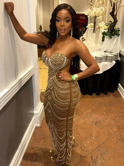 Nieuwe luxe sprankelende kristallen strass parel beroemdheden jurk bruine jurk vrouw riem avondfeest verjaardag prom bruiloft vestido