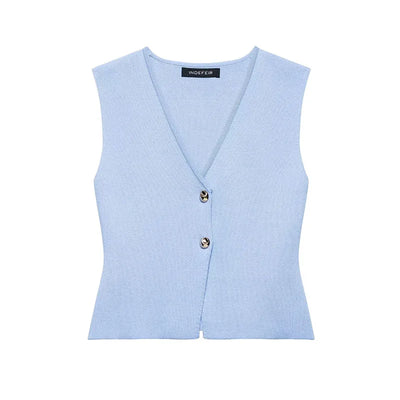 TRAFZA Women 2 Piece Set V-Neck Sleeveless Button Knitted Vest Top+Elegant Splicing High Waist Zipper Long Skirts Holiday Suits