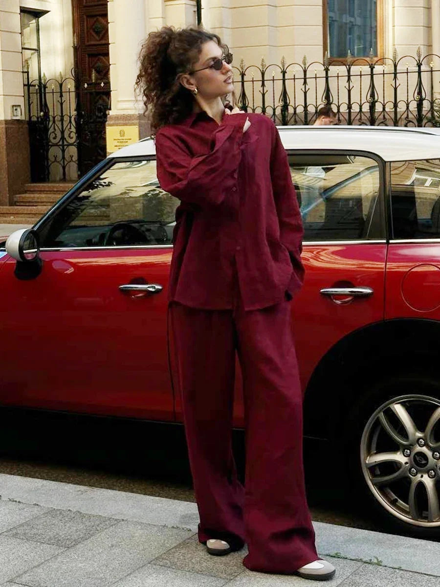 Women Casual Brown Cotton Linen Shirt Pants Suit Fashion Single Breasted Blouses Elastic Waist Pant Set 2025 Spring Loose Outfit