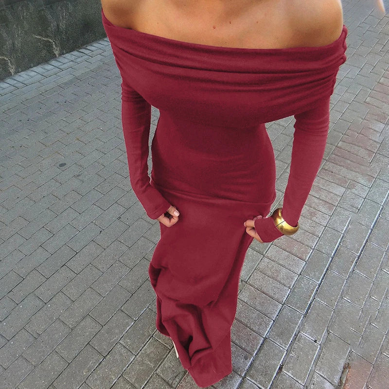 OMSJ Elegante schuine hals geplooide lange mouwen effen kleur off-shoulder basisstijl vrouwelijk casual straatclubpakket hippe lange jurk
