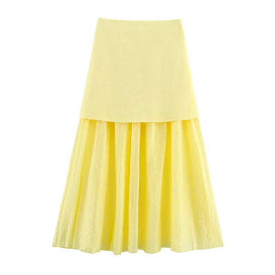 ETJ 2025 spring new TRAF women's elegant fashion same color splicing small pleated hem high waist knit skirt