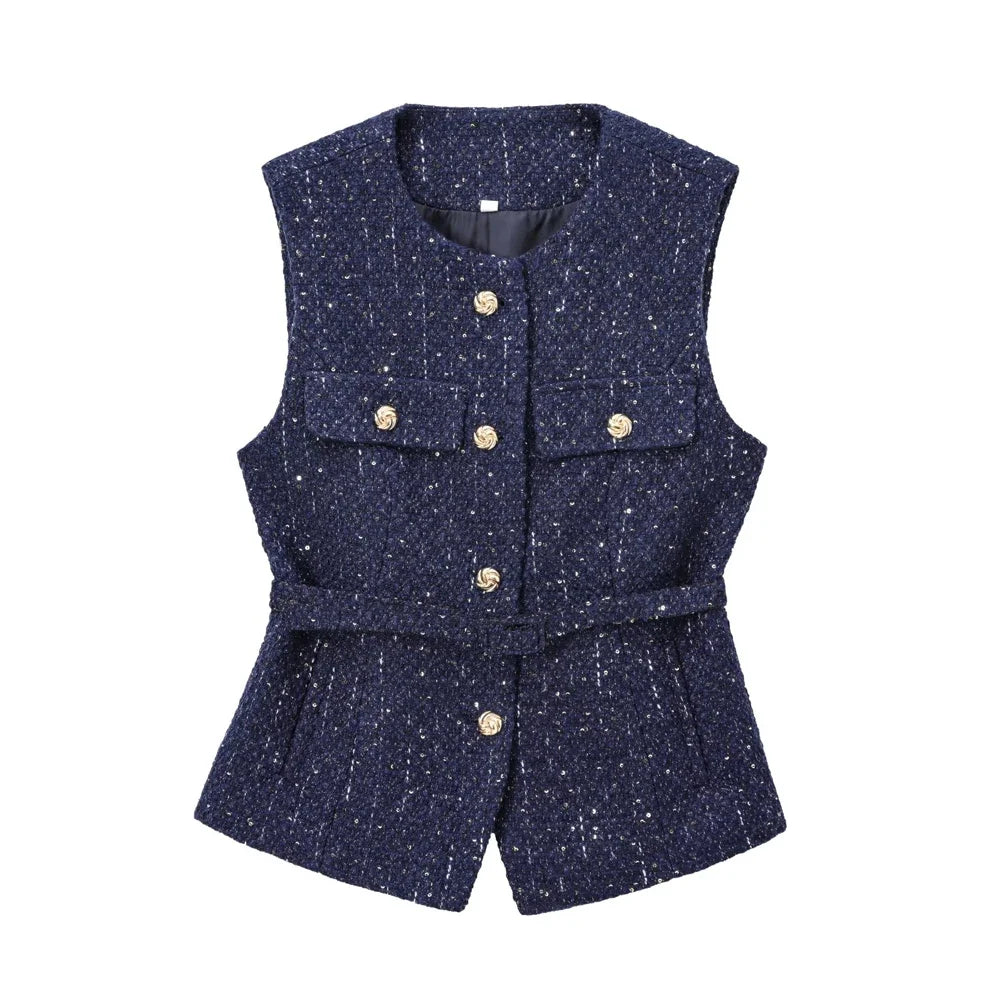 Women's Tweed Waistcoat with Belt, O Neck, Sleeveless, Front Button, Female Outerwear, Chic Tops, Fashion