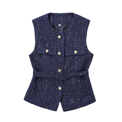 Women's Tweed Waistcoat with Belt, O Neck, Sleeveless, Front Button, Female Outerwear, Chic Tops, Fashion
