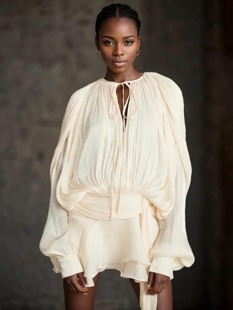 Elegante effen geplooide blouse mini-jurken dames v-hals kant-up lange lantaarn mouw jurk 2025, straat strand roeping korte gewaden