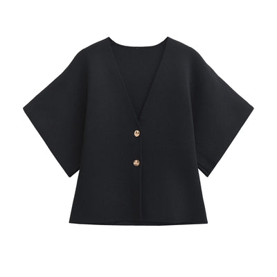 2024 European and American style autumn new women's fashion simple style casual plain needle short sleeve V neck knitted top