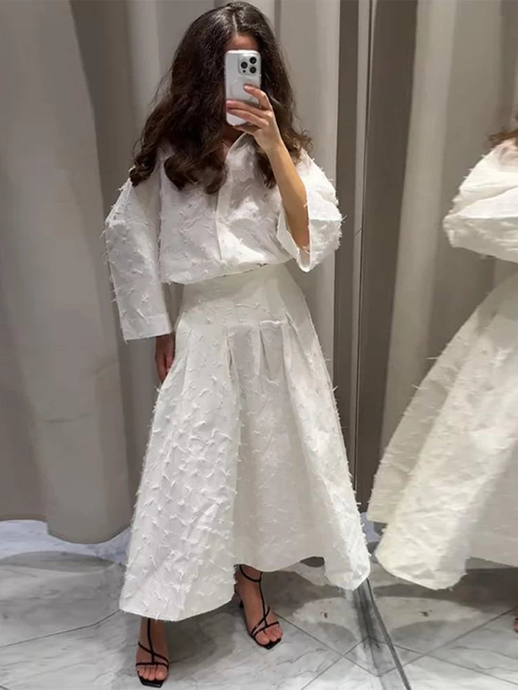 Elegant Shirt Skirt Set Women Lapel Long Sleeve Loose T-shirt High Waist Pleated Long Skirts Suits 2025 Summer Street Lady Sets