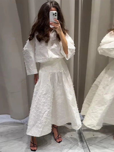 Elegant Shirt Skirt Set Women Lapel Long Sleeve Loose T-shirt High Waist Pleated Long Skirts Suits 2025 Summer Street Lady Sets