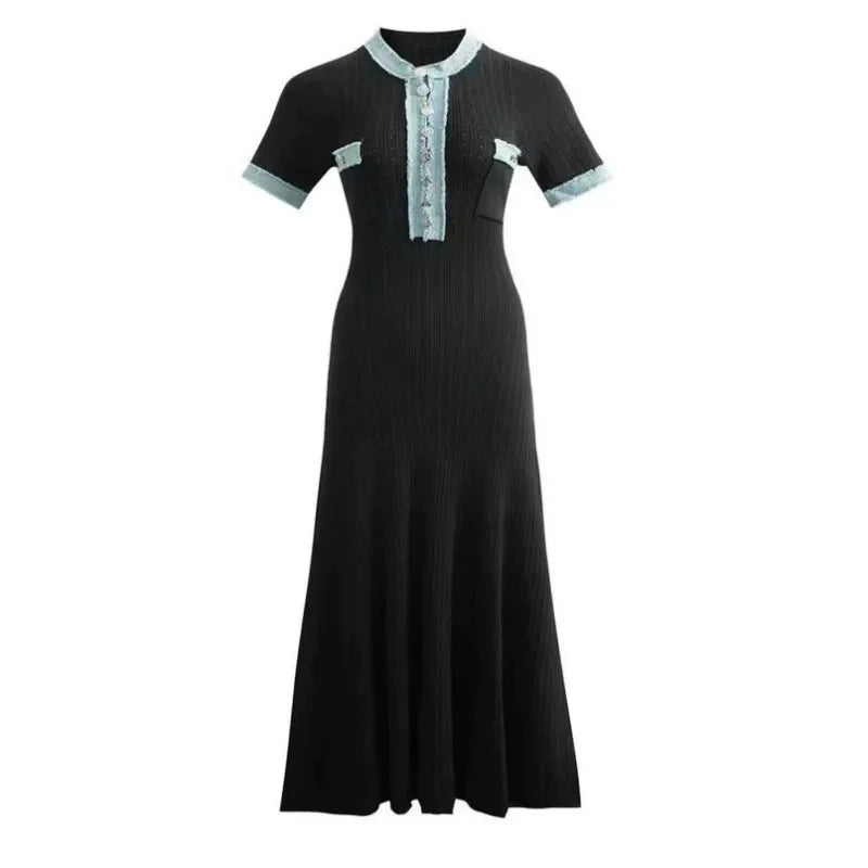 Slimming Knitted Dress Denim Patchwork Short Sleeve Maxi Skirt Design Brand Sense Long Dress Ankle Length Empire Waist