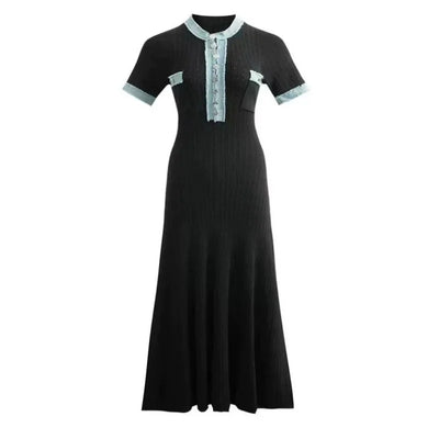 Slimming Knitted Dress Denim Patchwork Short Sleeve Maxi Skirt Design Brand Sense Long Dress Ankle Length Empire Waist
