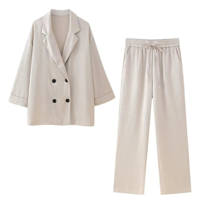 Dames Hoge Taille Broek Set Lente 2-delige Double-Breasted Satijnen Blazers Tweedelige Lace Up Gevouwen Effect Broek Dames Outfit