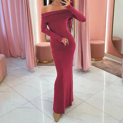 OMSJ Elegante schuine hals geplooide lange mouwen effen kleur off-shoulder basisstijl vrouwelijk casual straatclubpakket hippe lange jurk