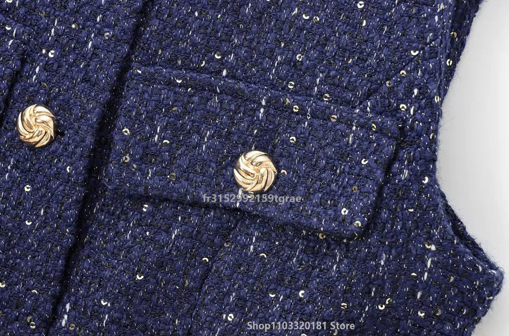 Women's Tweed Waistcoat with Belt, O Neck, Sleeveless, Front Button, Female Outerwear, Chic Tops, Fashion