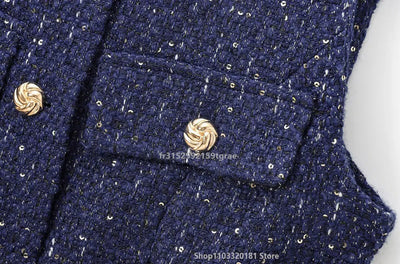 Women's Tweed Waistcoat with Belt, O Neck, Sleeveless, Front Button, Female Outerwear, Chic Tops, Fashion