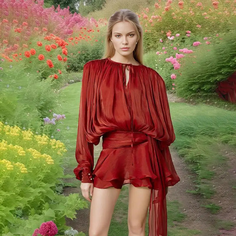 Elegante effen geplooide blouse mini-jurken dames v-hals kant-up lange lantaarn mouw jurk 2025, straat strand roeping korte gewaden