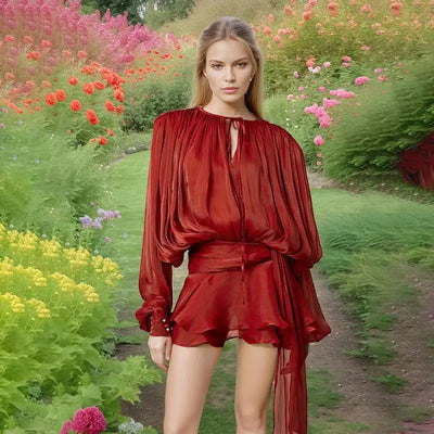 Elegante effen geplooide blouse mini-jurken dames v-hals kant-up lange lantaarn mouw jurk 2025, straat strand roeping korte gewaden