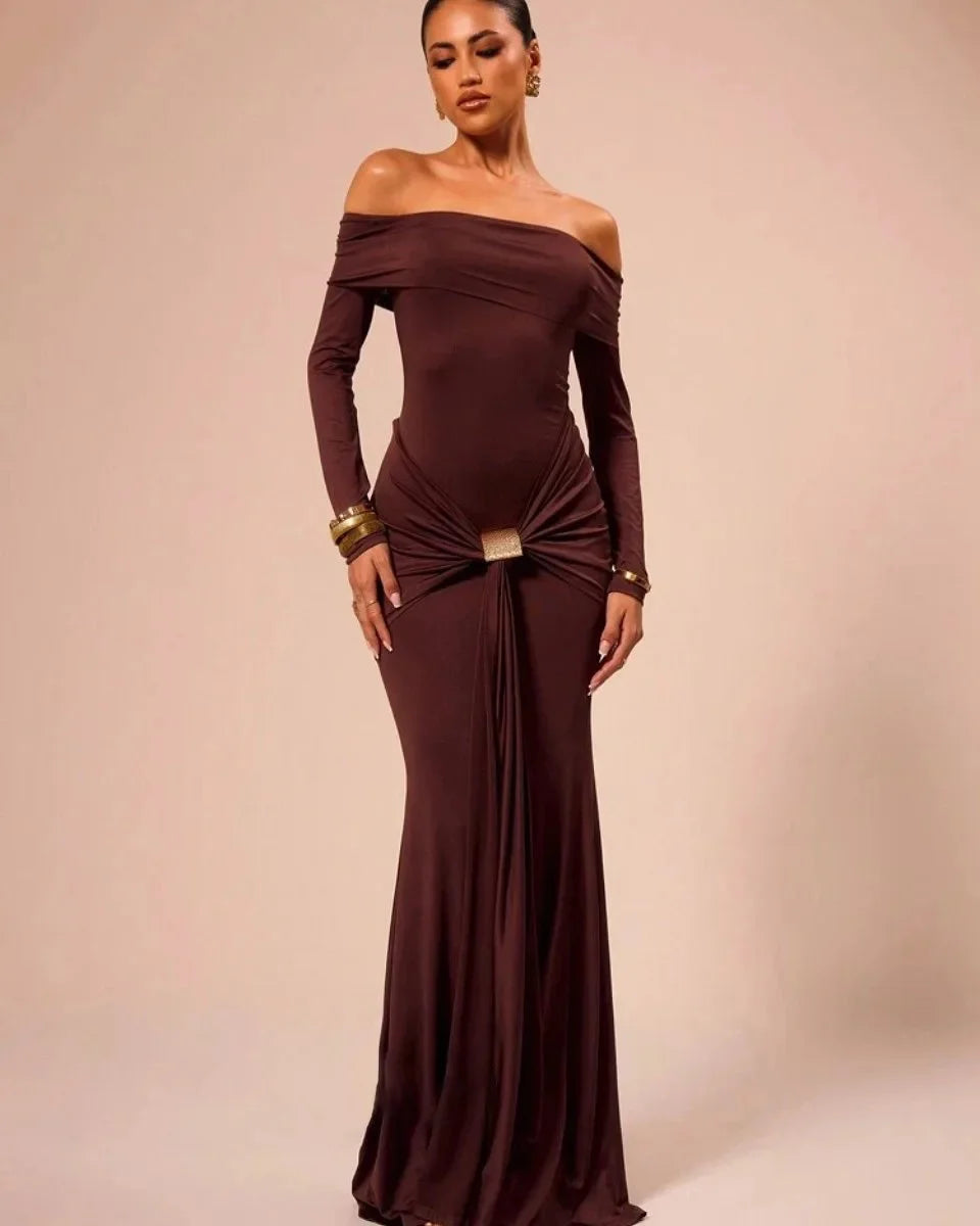 2024 Herfst/Winter Nieuwe Damesjurk Europese En Amerikaanse Stijl Elegante Off-Shoulder Effen Kleur Lange Mouwen Afslanken jurk Fo