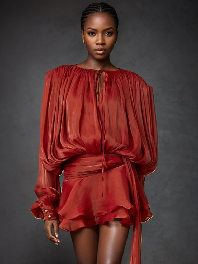 Elegante effen geplooide blouse mini-jurken dames v-hals kant-up lange lantaarn mouw jurk 2025, straat strand roeping korte gewaden