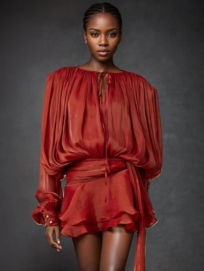 Elegante effen geplooide blouse mini-jurken dames v-hals kant-up lange lantaarn mouw jurk 2025, straat strand roeping korte gewaden