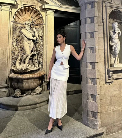 ETJ 2025 spring new TRAF women's elegant fashion same color splicing small pleated hem high waist knit skirt