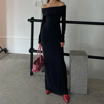 OMSJ Elegante schuine hals geplooide lange mouwen effen kleur off-shoulder basisstijl vrouwelijk casual straatclubpakket hippe lange jurk