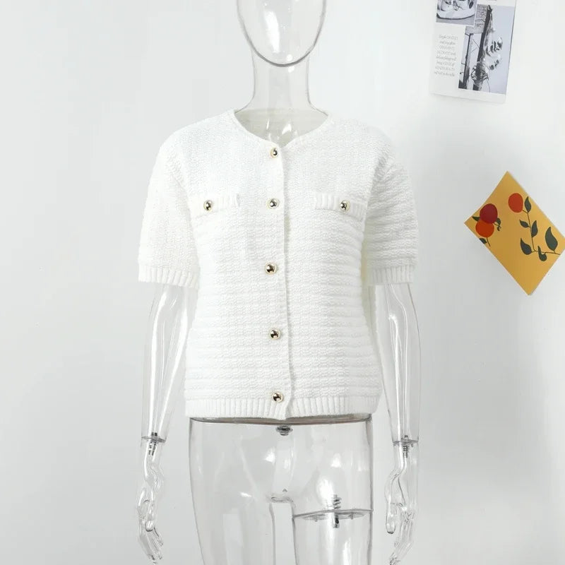 Elegant Gebreid Tweed Vest Vrouwen Solid Single Breasted O-hals Korte Mouw Trui Vest 2024 Herfst Nieuwe Dame All-Match tops