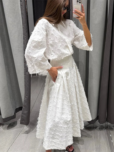 Elegant Shirt Skirt Set Women Lapel Long Sleeve Loose T-shirt High Waist Pleated Long Skirts Suits 2025 Summer Street Lady Sets