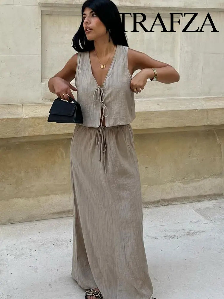 TRAFZA Damesstraatvest 2-delige set Chique V-hals Mouwloos Vetersluiting Getextureerd vest + Casual rokpak met hoge taille en trekkoord