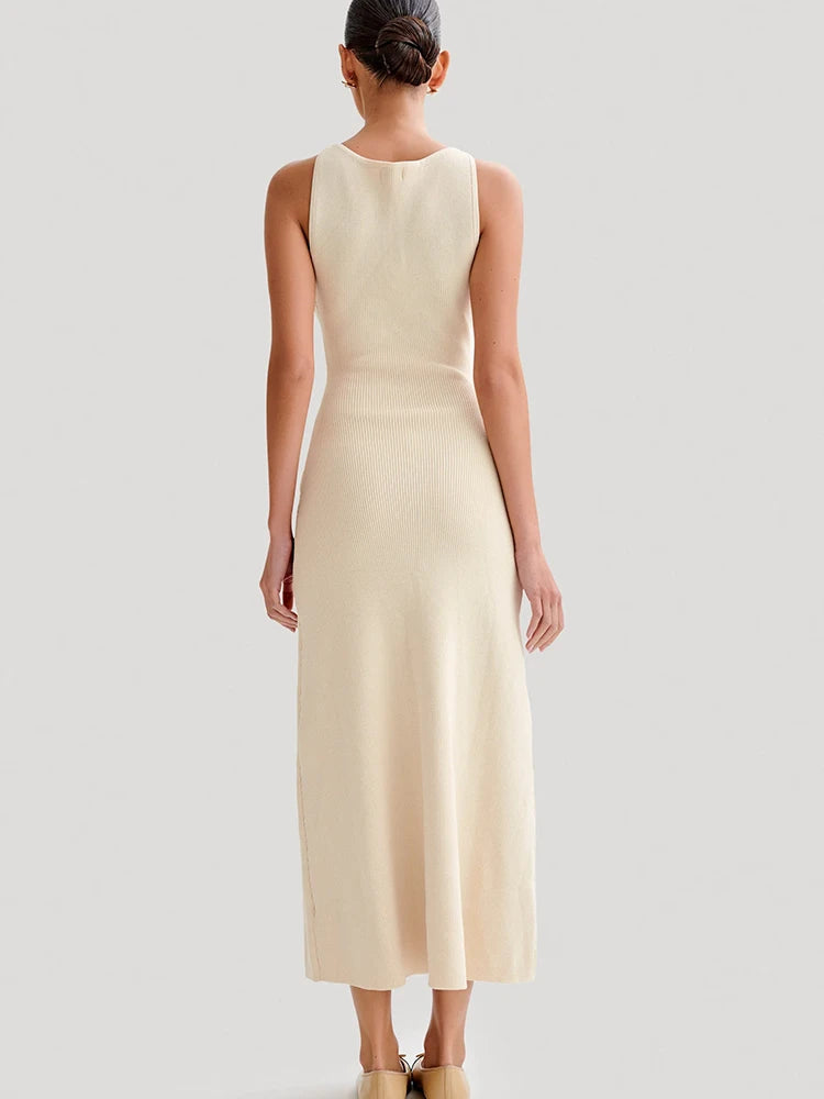 JULISSA MO Knitted Sexy High Slit Button Women Maxi Dress Apricot Sleeveless Round Neck Dress Winter Skinny Elegant Party Dress
