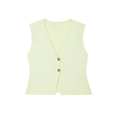 TRAFZA Women 2 Piece Set V-Neck Sleeveless Button Knitted Vest Top+Elegant Splicing High Waist Zipper Long Skirts Holiday Suits